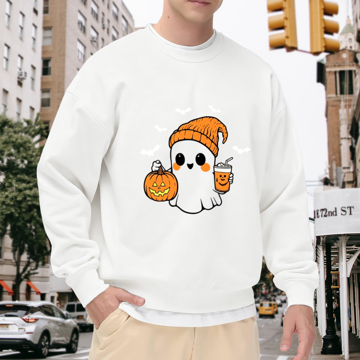 Cute Boo Ghost Pumpkin Coffee Halloween Crewneck Sweatshirt