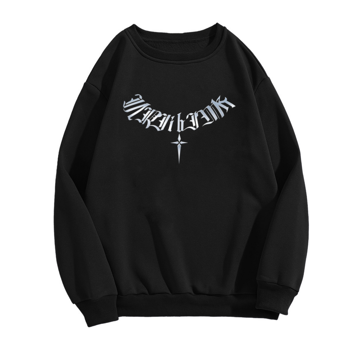 Silver Gothic Star Old English Letter Black Crewneck Sweatshirt Y2K Dark Aesthetic