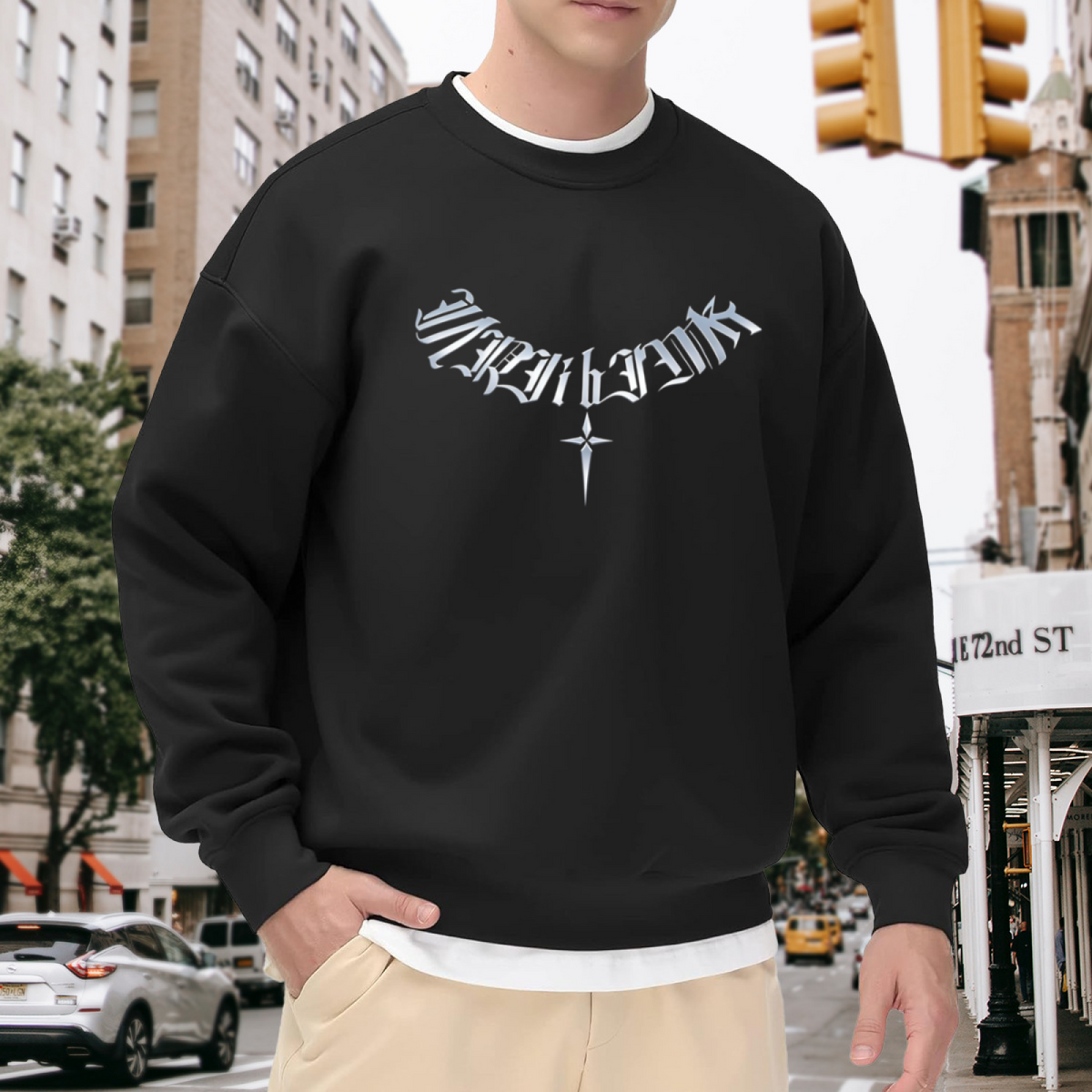 Silver Gothic Star Old English Letter Black Crewneck Sweatshirt Y2K Dark Aesthetic