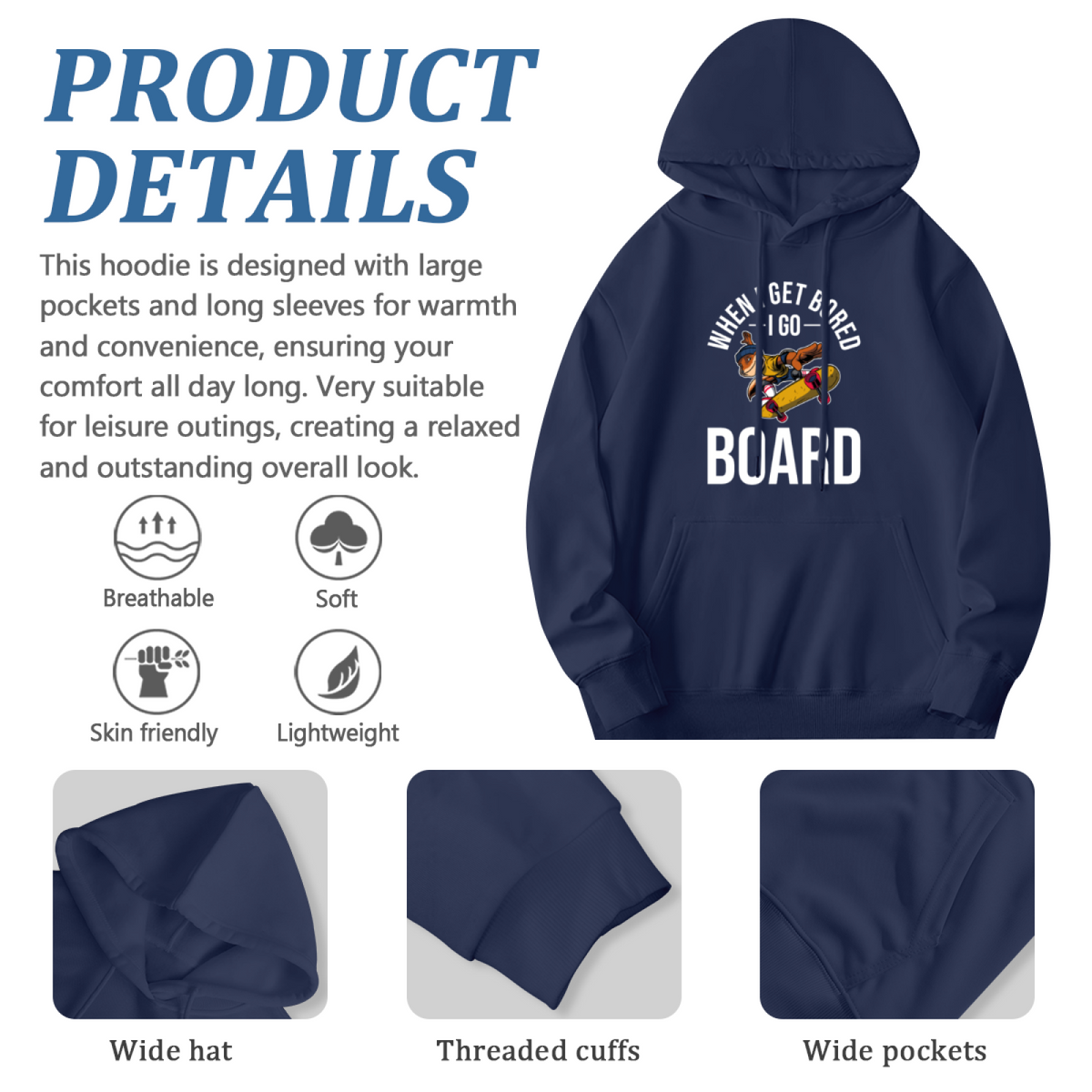 Skate Lover When I Get Bored I Go Board Navy Hoodie, Cozy Streetwear Sweatshirt