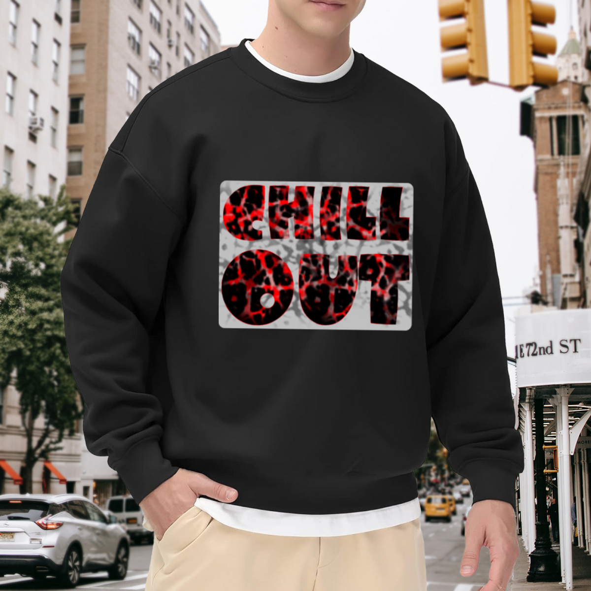 Chill Out Leopard Pattern Font Crewneck Sweatshirt Trendy Streetwear Graphic Pullover
