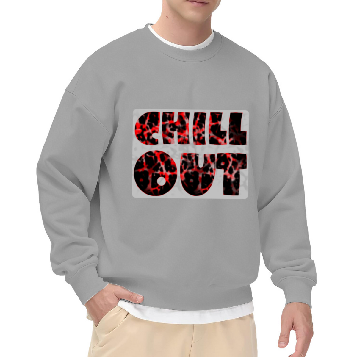 Chill Out Leopard Pattern Font Crewneck Sweatshirt Trendy Streetwear Graphic Pullover
