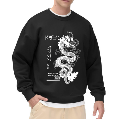 Japanese Text White Dragon Print Black Fake Two?Piece Sweatshirt