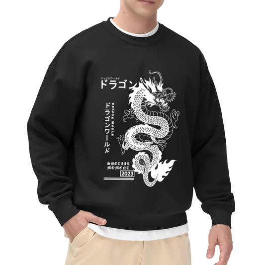 Japanese Text White Dragon Print Black Fake Two?Piece Sweatshirt