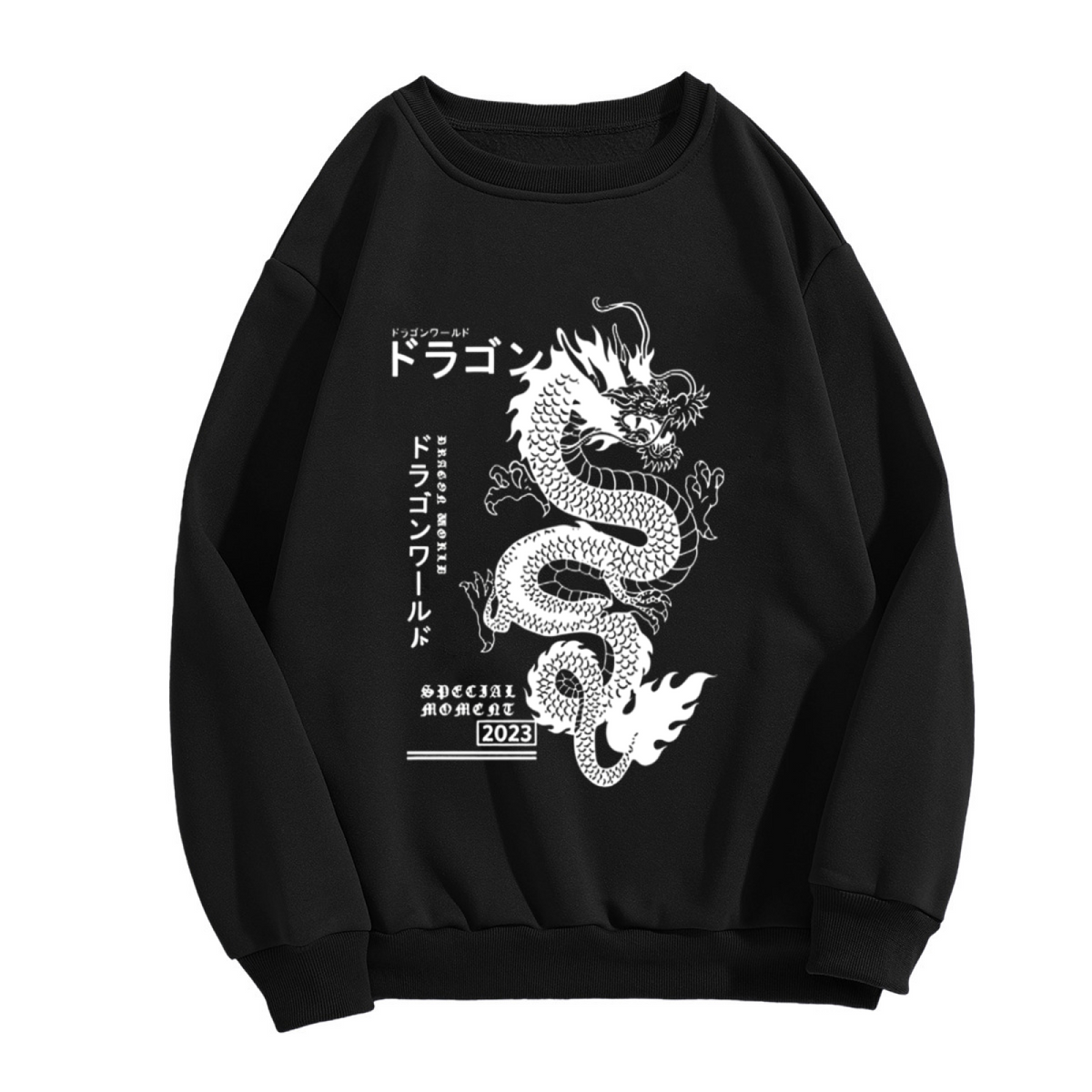 Japanese Text White Dragon Print Black Fake Two?Piece Sweatshirt