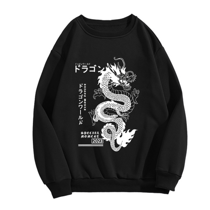 Japanese Text White Dragon Print Black Fake Two?Piece Sweatshirt
