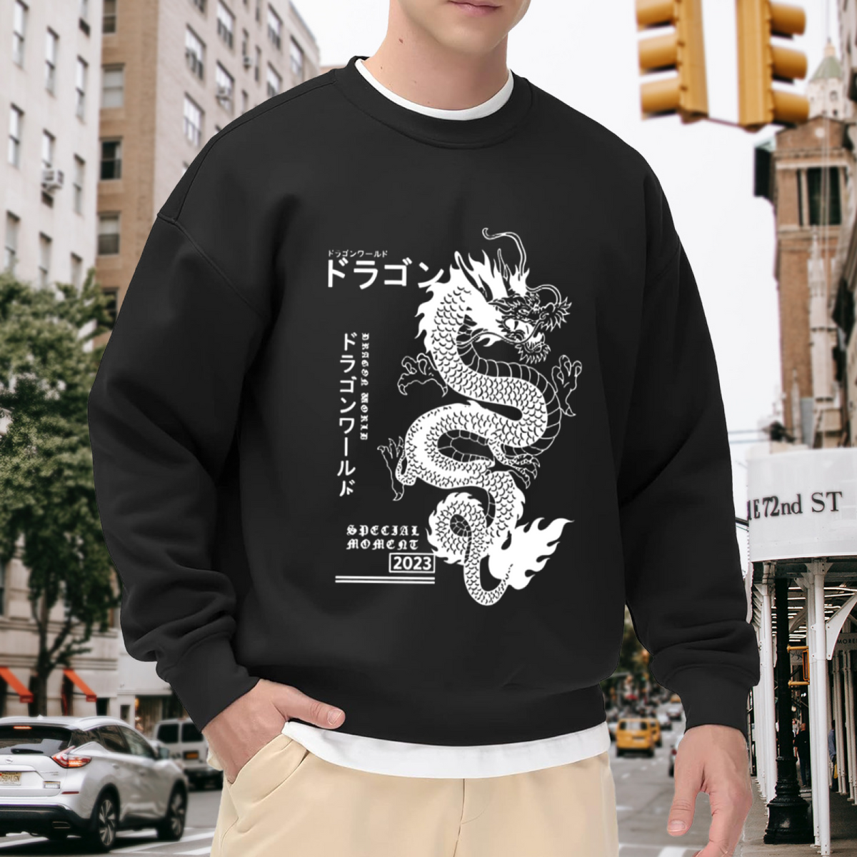 Japanese Text White Dragon Print Black Fake Two?Piece Sweatshirt