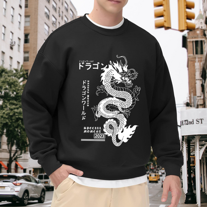 Japanese Text White Dragon Print Black Fake Two?Piece Sweatshirt