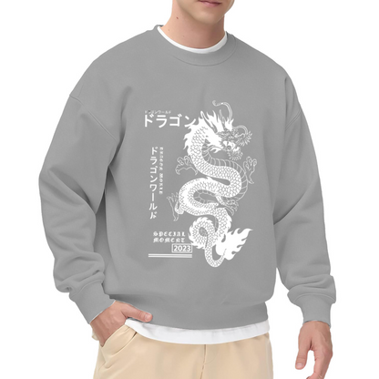 Japanese Text White Dragon Print Black Fake Two?Piece Sweatshirt