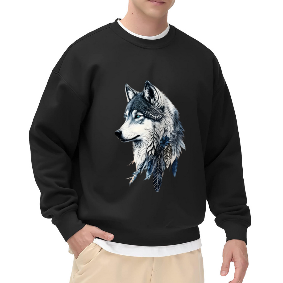 Boho Feather Wolf Realistic Graphic Black Crewneck Sweatshirt