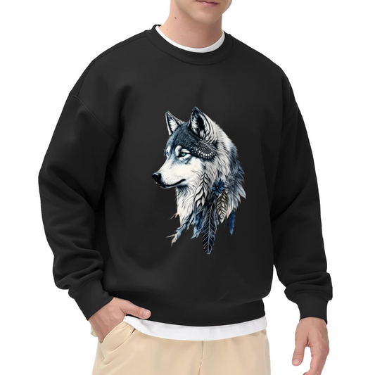 Boho Feather Wolf Realistic Graphic Black Crewneck Sweatshirt