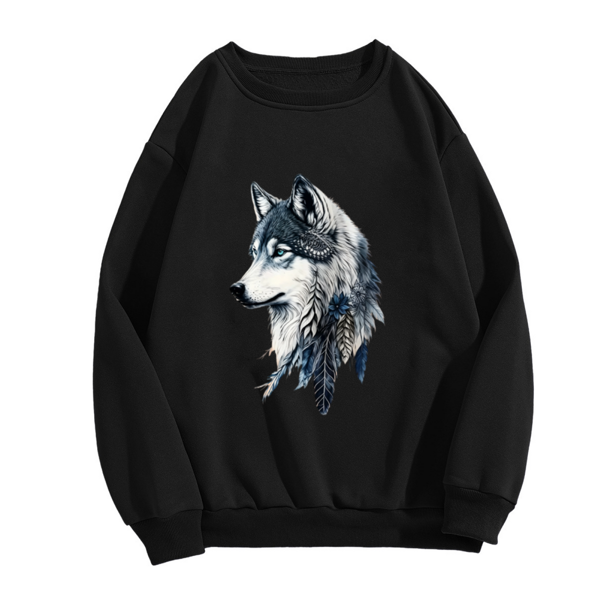Boho Feather Wolf Realistic Graphic Black Crewneck Sweatshirt