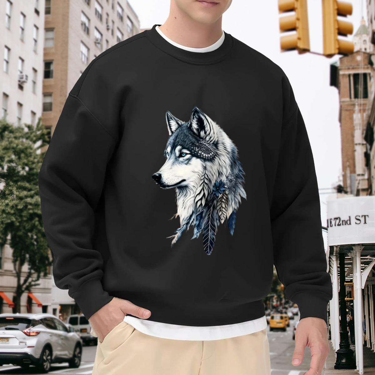 Boho Feather Wolf Realistic Graphic Black Crewneck Sweatshirt