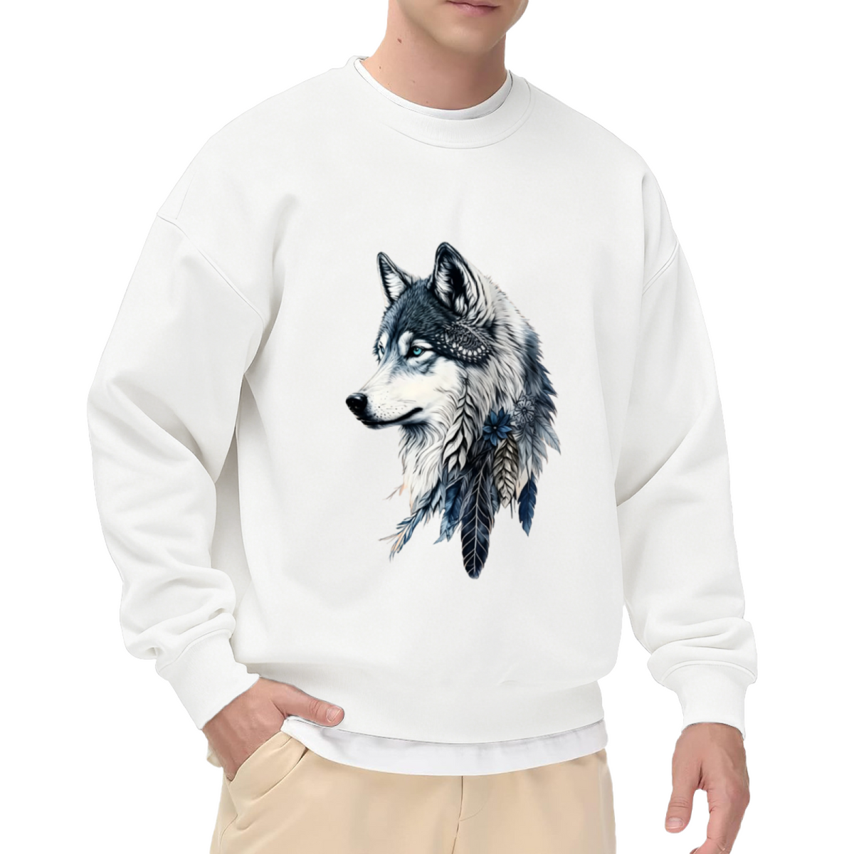 Boho Feather Wolf Realistic Graphic Black Crewneck Sweatshirt