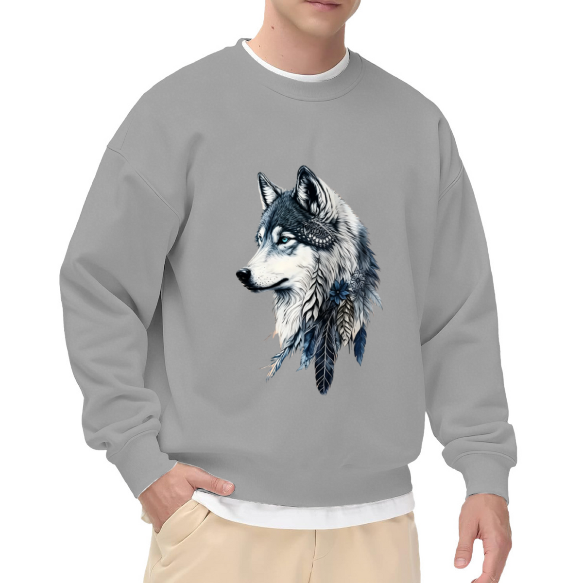Boho Feather Wolf Realistic Graphic Black Crewneck Sweatshirt