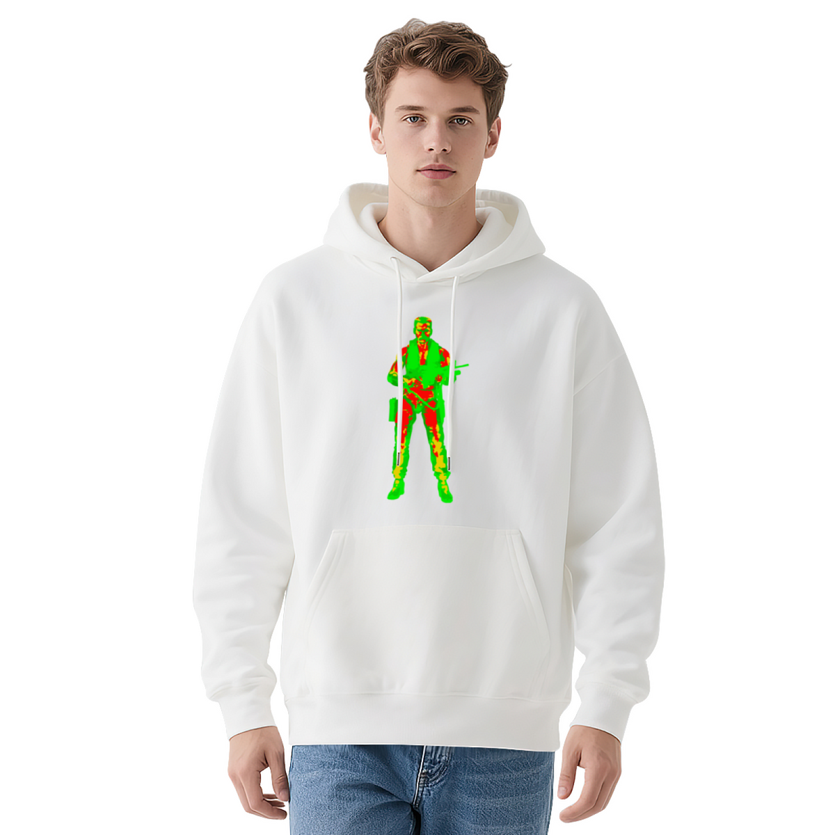 Cool Thermal Vision Soldier Print White Hoodie, Men Comfort Street Sweatshirt
