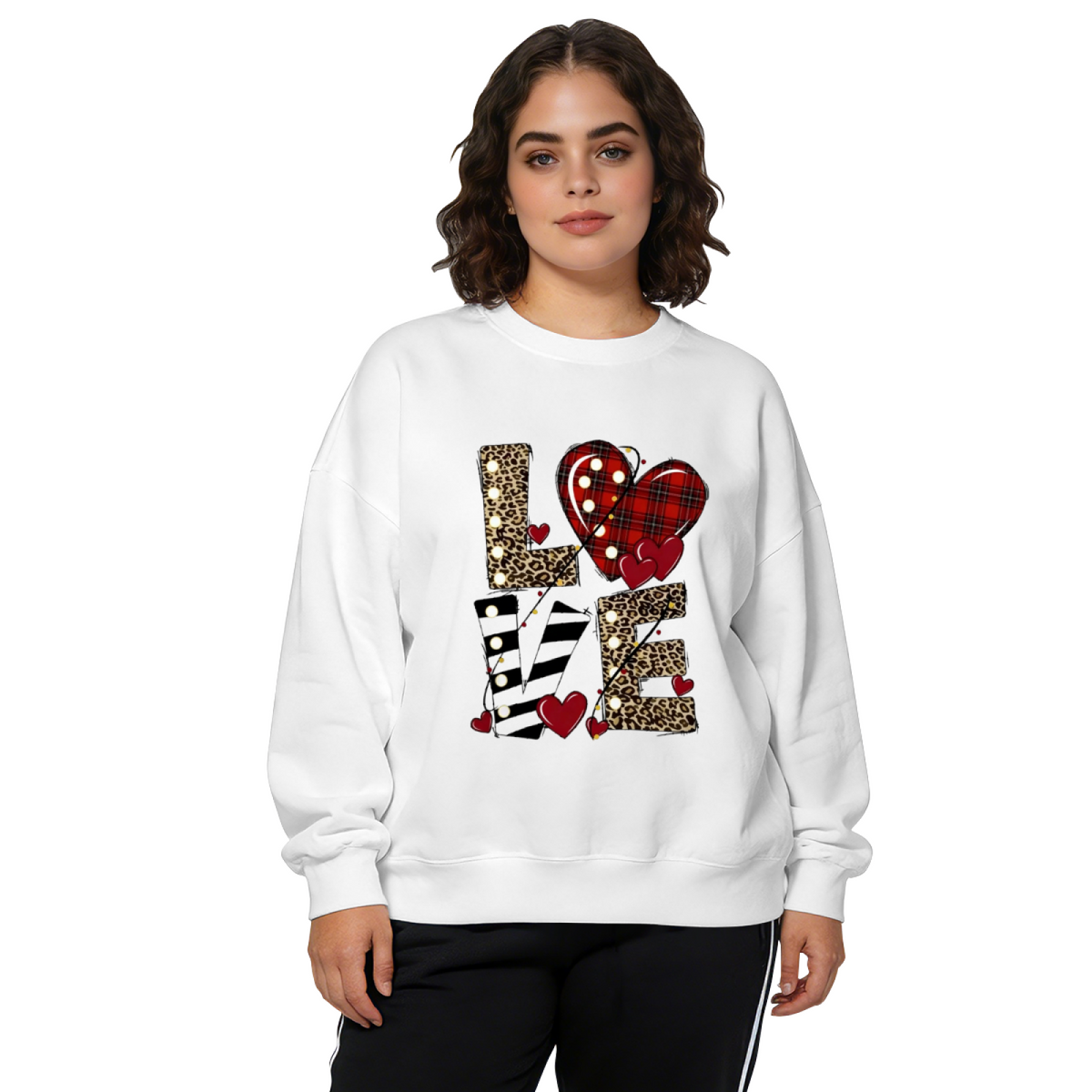 Vintage LOVE Leopard Plaid Heart Art Crewneck Sweatshirt