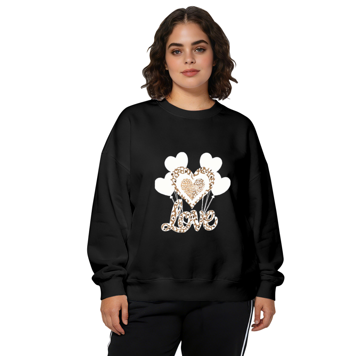 Leopard Print Love Heart Balloon Graphic Crewneck Sweatshirt