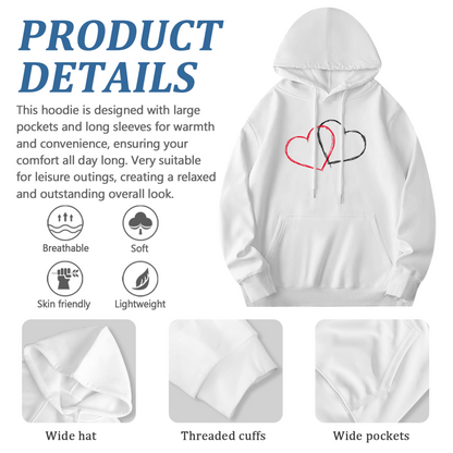 Intertwined Red Black Sketch Hearts White Hoodie, Soft Couple Casual Top