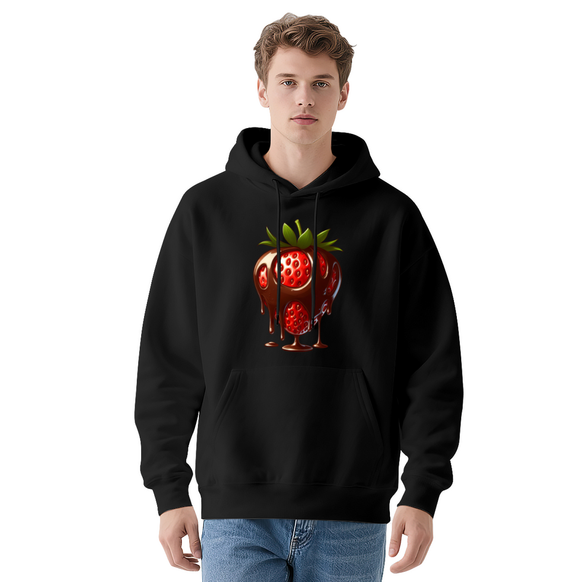 Cute Dripping Chocolate Strawberry White Hoodie, Soft Comfort Sweet Daily Wear
