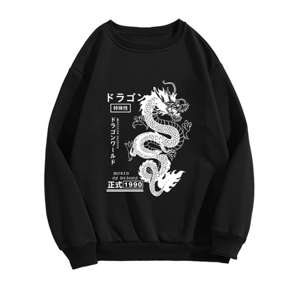 Japanese Retro White Dragon Streetwear Crewneck Sweatshirt