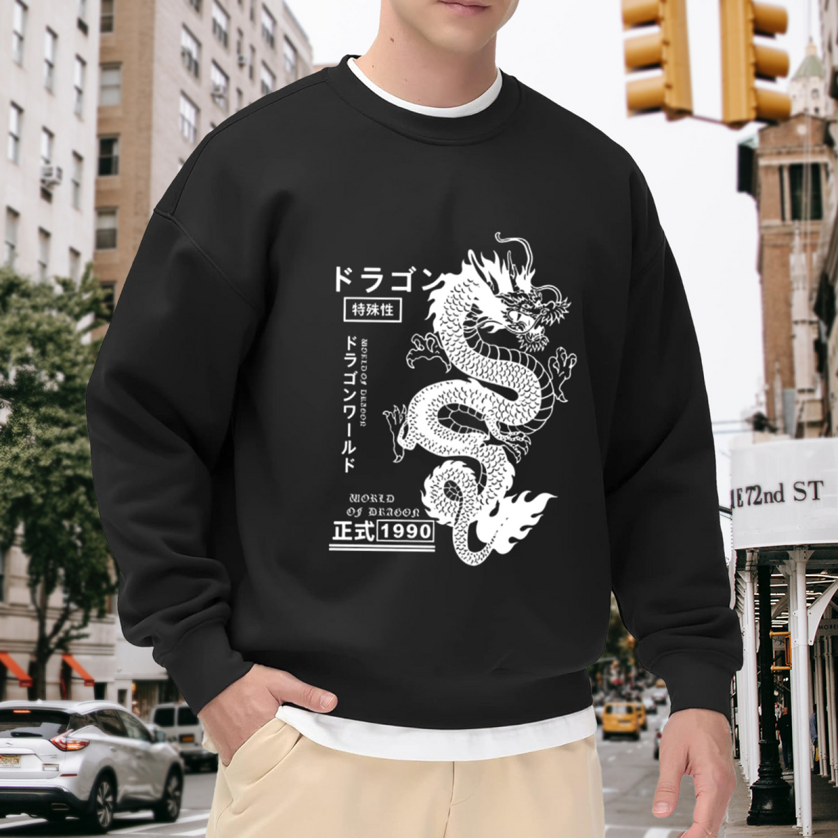 Japanese Retro White Dragon Streetwear Crewneck Sweatshirt