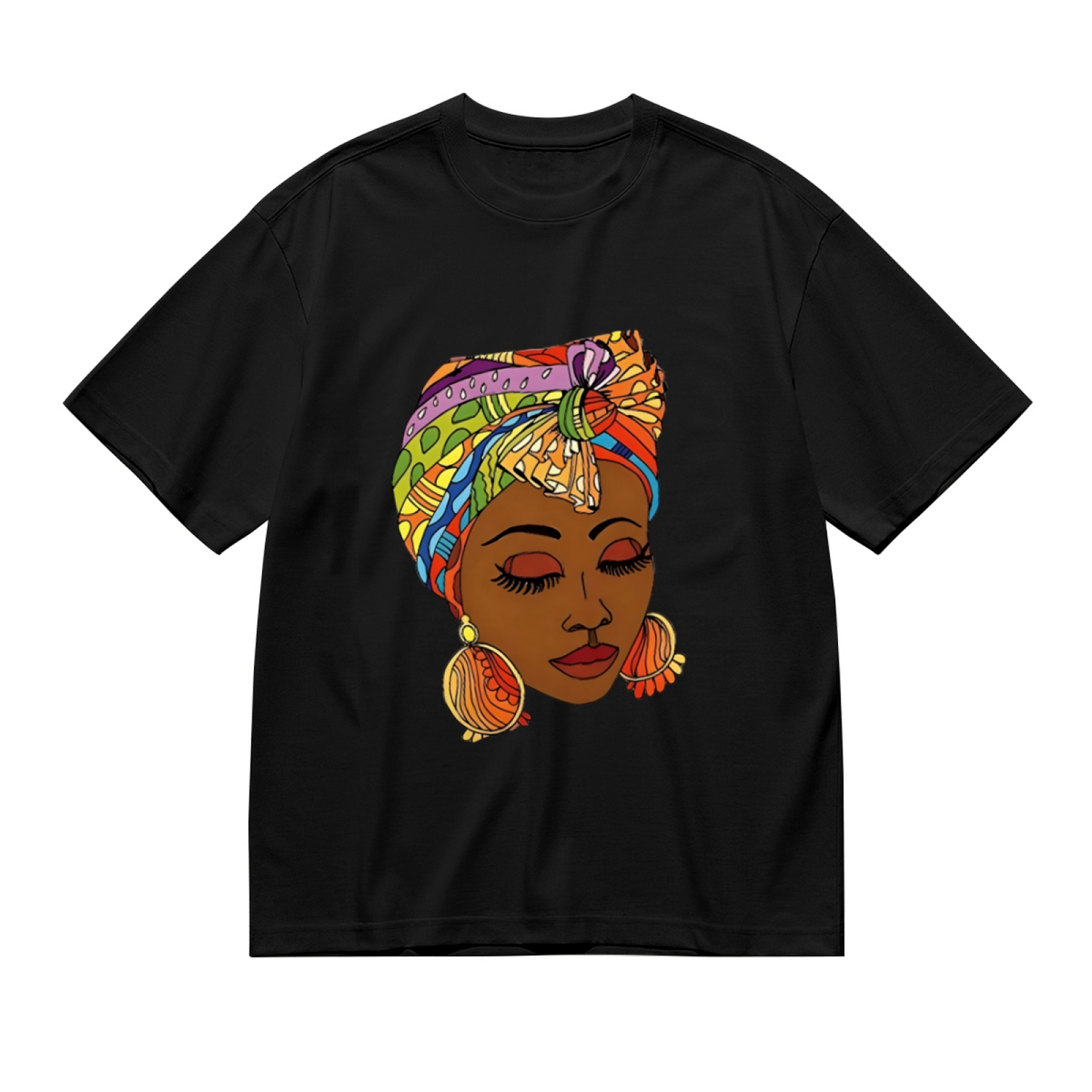 Bold Colorful African Queen Headwrap Afro Art Empowerment Black Tee