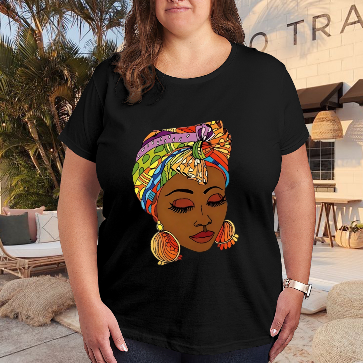 Bold Colorful African Queen Headwrap Afro Art Empowerment Black Tee