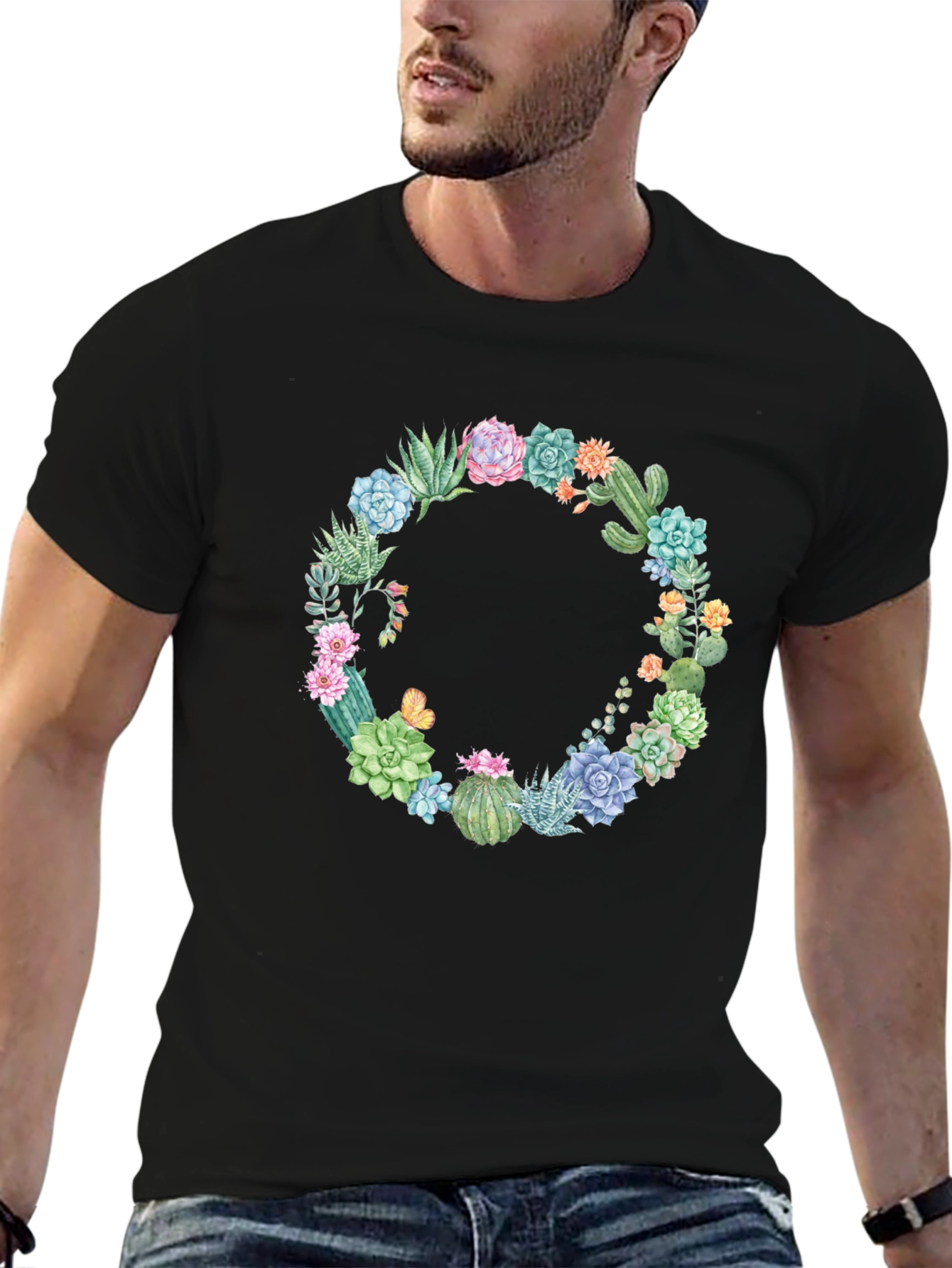 Cactus Wreath Graphic T-Shirt - Unisex Black Tee