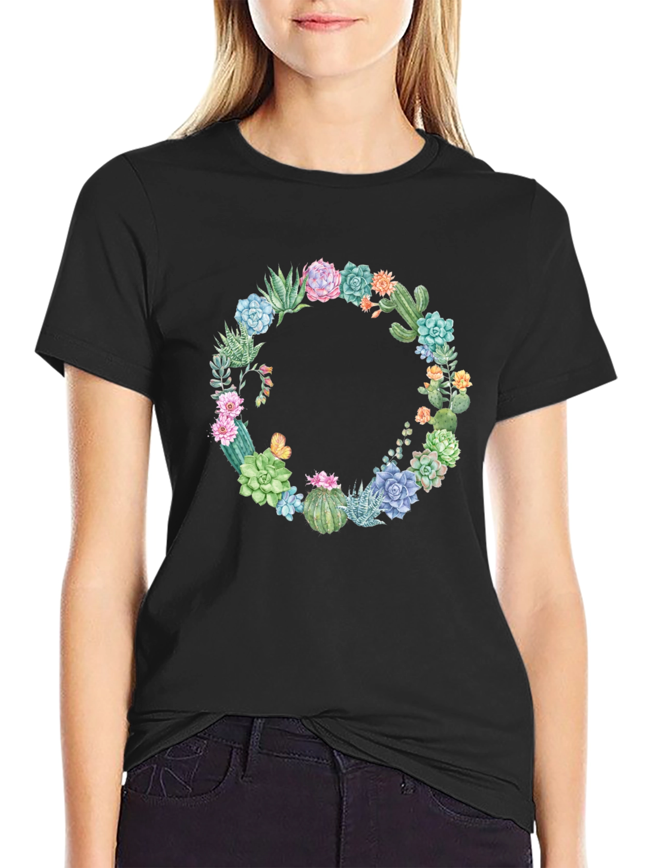 Cactus Wreath Graphic T-Shirt - Unisex Black Tee