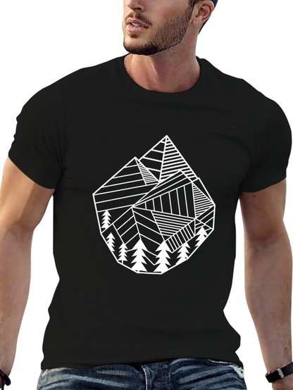 Geometric Mountain & Tree Graphic Tee - Black