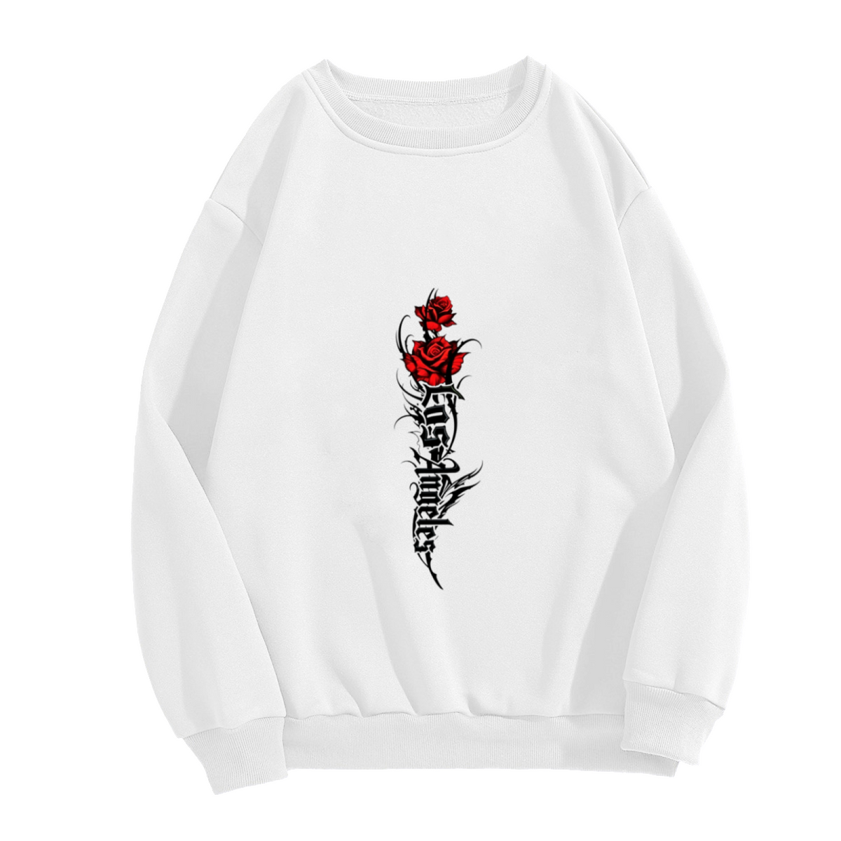 Gothic Red Rose Thorn Letter Graphic White Crewneck Sweatshirt Dark Streetwear