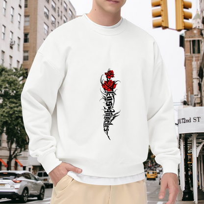 Gothic Red Rose Thorn Letter Graphic White Crewneck Sweatshirt Dark Streetwear