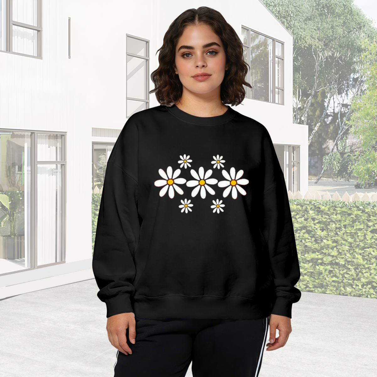 Minimal White Daisy Floral Pattern Crewneck Sweatshirt