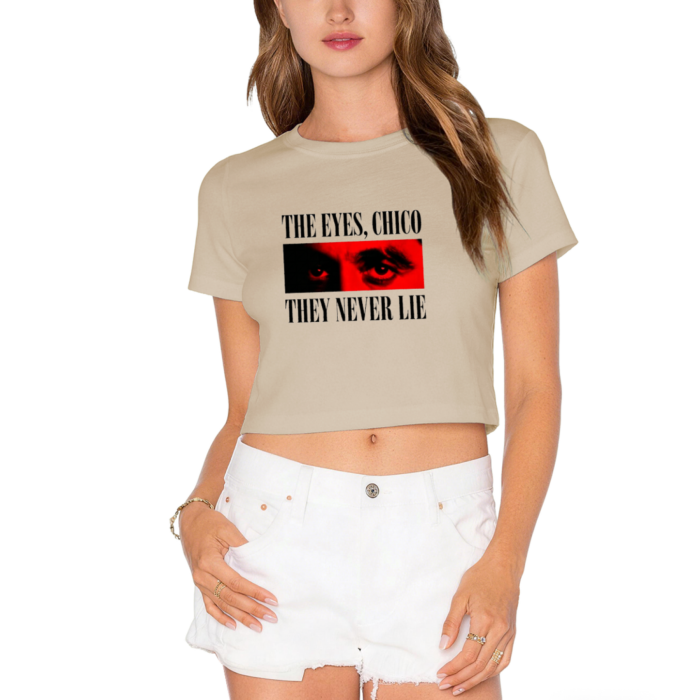 The Eyes Chico They Never Lie Classic Movie White Crop Top ¨C Retro Film Fan Graphic Tee