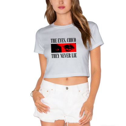 The Eyes Chico They Never Lie Classic Movie White Crop Top ¨C Retro Film Fan Graphic Tee