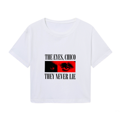 The Eyes Chico They Never Lie Classic Movie White Crop Top ¨C Retro Film Fan Graphic Tee