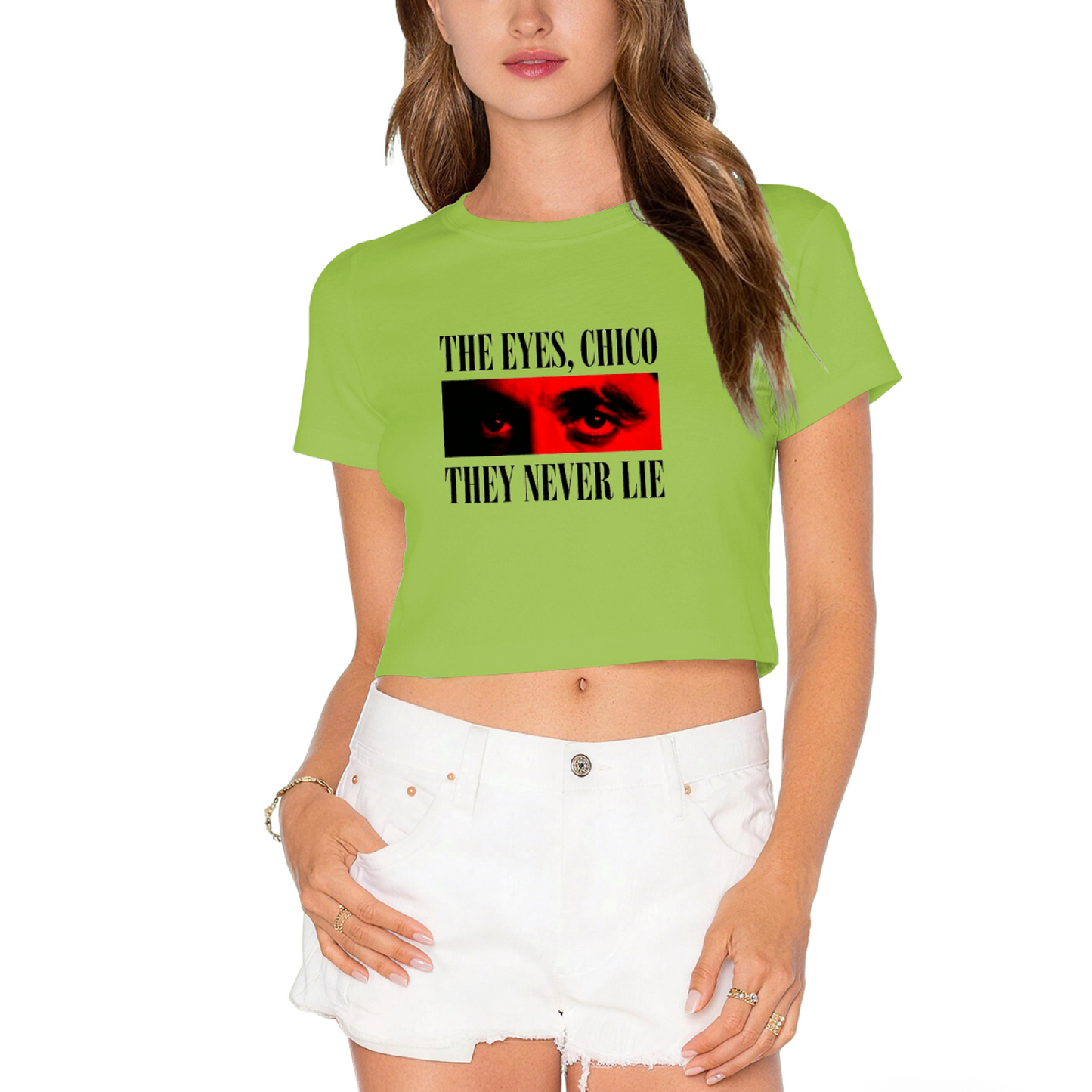 The Eyes Chico They Never Lie Classic Movie White Crop Top ¨C Retro Film Fan Graphic Tee