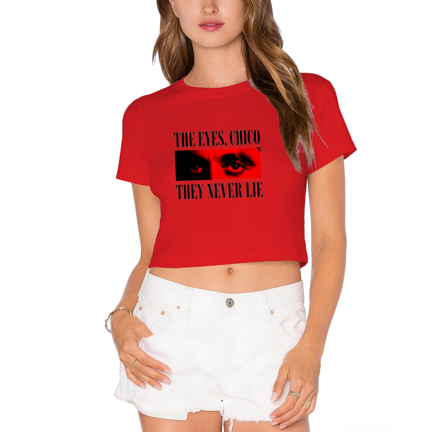 The Eyes Chico They Never Lie Classic Movie White Crop Top ¨C Retro Film Fan Graphic Tee