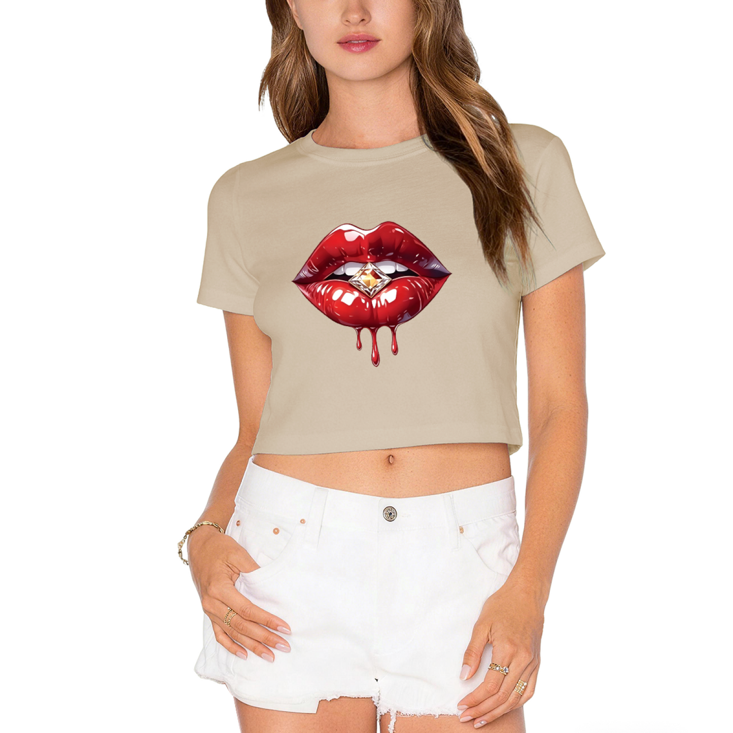 Juicy Dripping Diamond Red Lips Glam Pink Crop Top