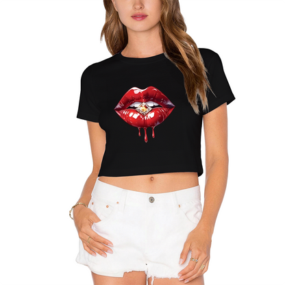 Juicy Dripping Diamond Red Lips Glam Pink Crop Top