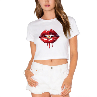 Juicy Dripping Diamond Red Lips Glam Pink Crop Top