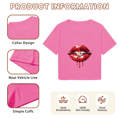 Juicy Dripping Diamond Red Lips Glam Pink Crop Top