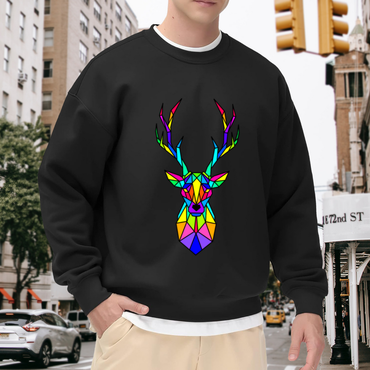 Vibrant Geometric Multicolor Stag Deer Head Art Crewneck Sweatshirt