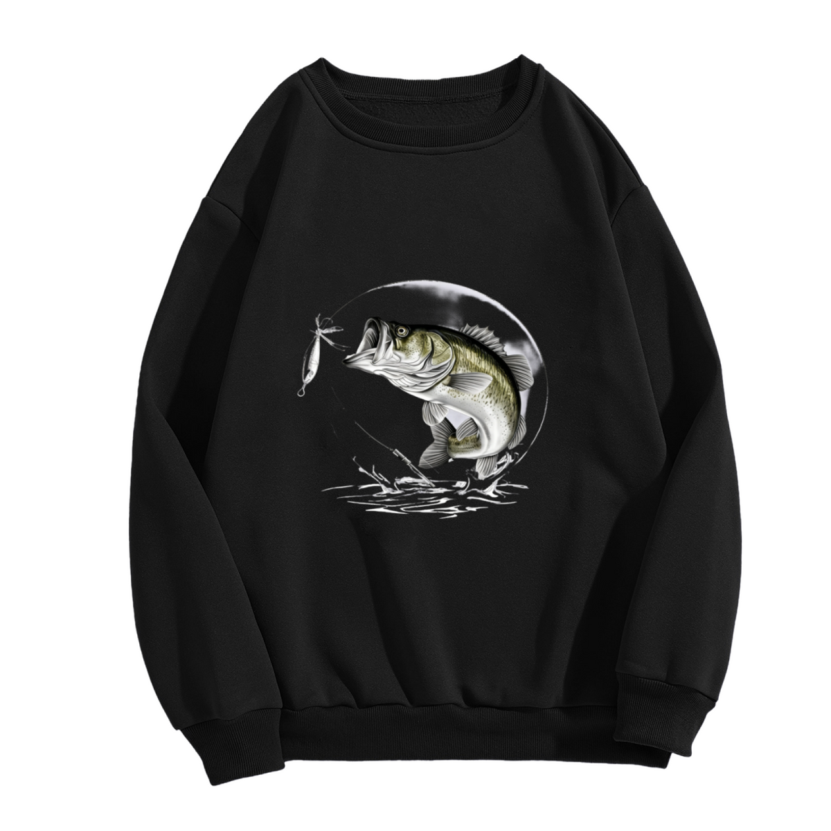 Cool Largemouth Bass Fishing Scene Graphic Crewneck Sweatshirt
