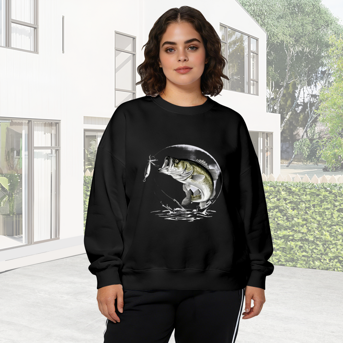Cool Largemouth Bass Fishing Scene Graphic Crewneck Sweatshirt