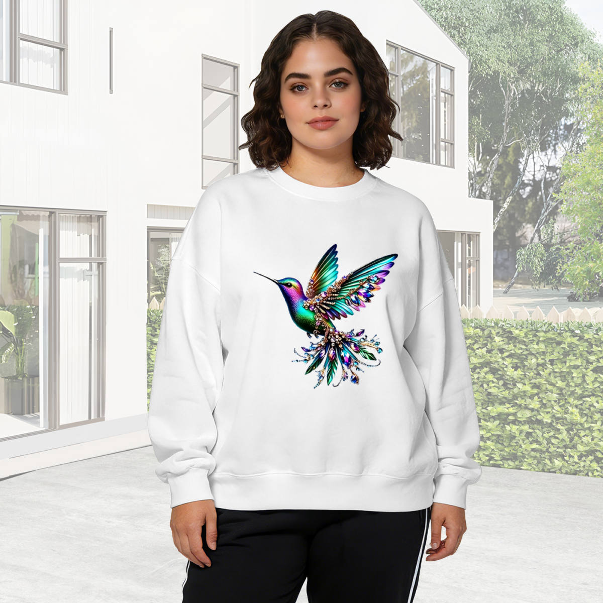 Jeweled Rainbow Hummingbird Elegant Art Crewneck Sweatshirt