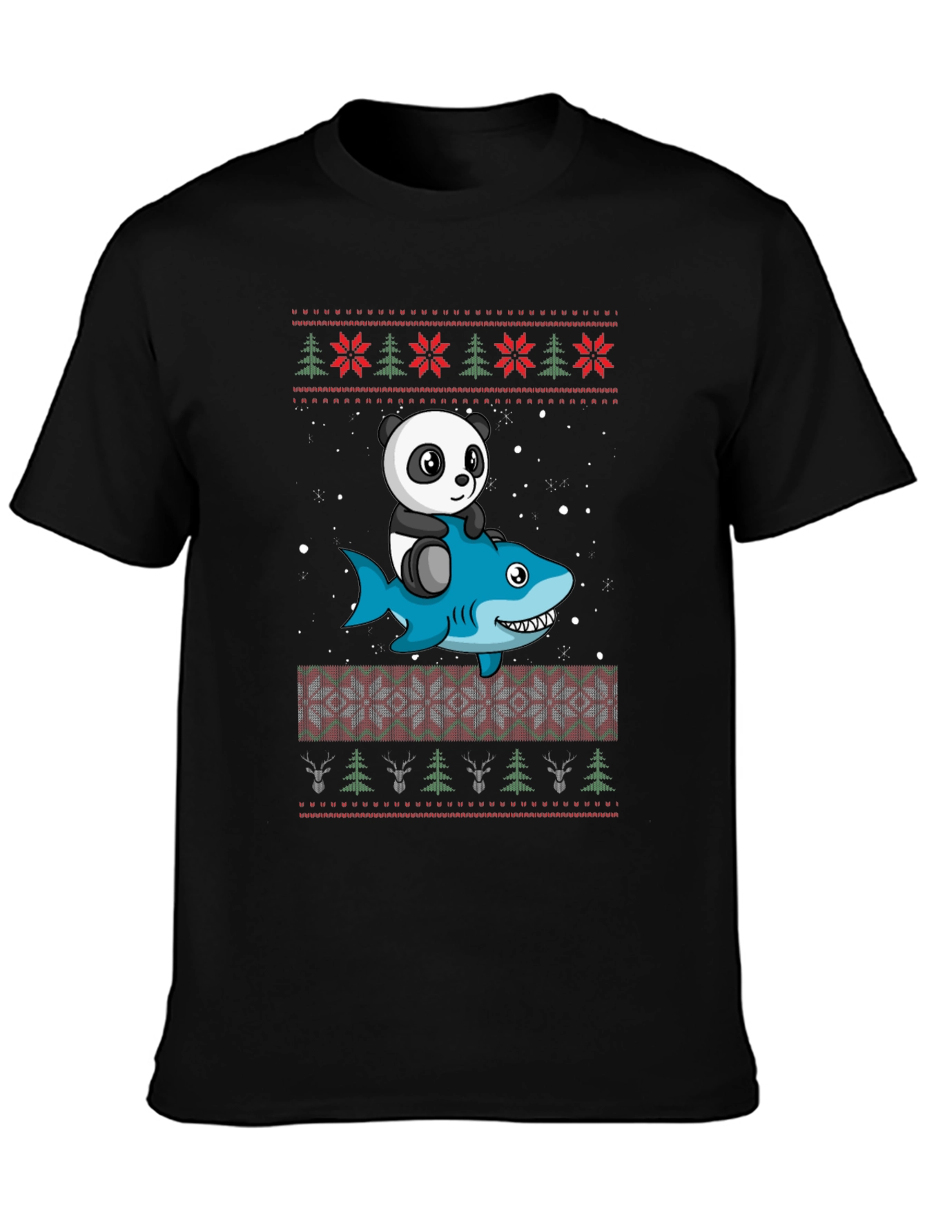 Panda Riding Shark Christmas Sweater Pattern T-Shirt