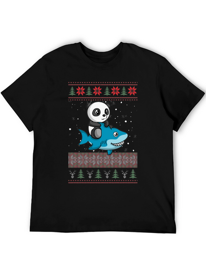 Panda Riding Shark Christmas Sweater Pattern T-Shirt