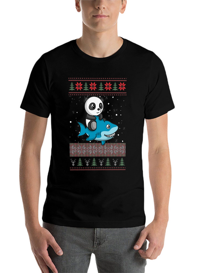 Panda Riding Shark Christmas Sweater Pattern T-Shirt